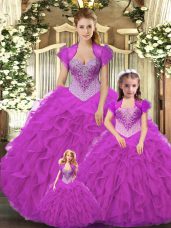 Vintage Fuchsia Ball Gowns Straps Sleeveless Tulle Floor Length Lace Up Beading and Ruffles Ball Gown Prom Dress