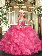 Cheap Hot Pink Sleeveless Organza Lace Up Child Pageant Dress for Party and Quinceanera