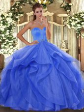 Wonderful Tulle Sweetheart Sleeveless Lace Up Beading and Ruffles Quince Ball Gowns in Blue