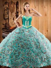 Sleeveless Satin and Fabric With Rolling Flowers With Train Sweep Train Lace Up 15th Birthday Dress in Multi-color with Embroidery