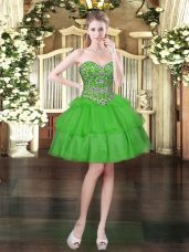 Chic Sleeveless Mini Length Beading and Ruffled Layers Lace Up Evening Dress with Green
