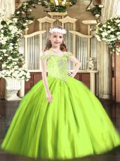Luxurious Sleeveless Tulle Floor Length Lace Up Kids Pageant Dress in Yellow Green with Beading