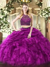 Charming Halter Top Sleeveless Zipper 15th Birthday Dress Fuchsia Tulle
