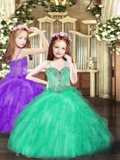 Spaghetti Straps Sleeveless Lace Up Little Girl Pageant Gowns Turquoise Tulle