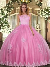 Tulle Scoop Sleeveless Clasp Handle Lace and Appliques Ball Gown Prom Dress in Rose Pink