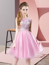 Luxurious Tulle Scoop Sleeveless Zipper Beading Prom Evening Gown in Rose Pink