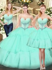 Apple Green Lace Up Sweetheart Beading and Ruffled Layers Quinceanera Gown Organza Sleeveless