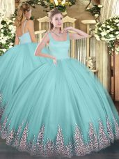 Sleeveless Floor Length Appliques Zipper Quinceanera Gown with Aqua Blue