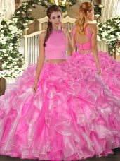 Rose Pink Sleeveless Floor Length Beading and Ruffles Backless Quinceanera Dresses