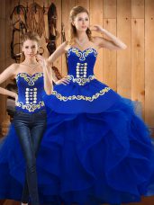 Affordable Blue Sweetheart Lace Up Embroidery and Ruffles Quinceanera Gowns Sleeveless