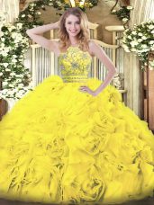 Extravagant Gold Zipper Ball Gown Prom Dress Beading and Ruffles Sleeveless Floor Length