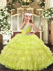 Yellow Green Lace Up V-neck Beading and Ruffled Layers and Pick Ups Pageant Gowns For Girls Organza Sleeveless