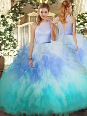 Flare Multi-color Backless Sweet 16 Quinceanera Dress Beading and Ruffles Sleeveless Floor Length
