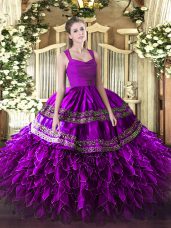Traditional Fuchsia Organza Zipper Straps Sleeveless Floor Length Sweet 16 Dresses Beading and Lace and Ruffles