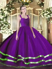 Purple Organza Zipper Straps Sleeveless Floor Length Sweet 16 Dress Beading and Ruffled Layers