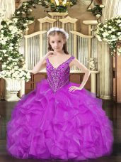 New Style Purple V-neck Lace Up Beading and Ruffles Child Pageant Dress Sleeveless