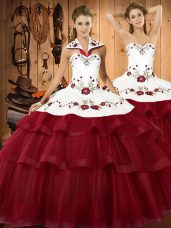 Lovely White And Red Halter Top Lace Up Embroidery and Ruffled Layers 15 Quinceanera Dress Sweep Train Sleeveless