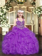 New Style Purple Sleeveless Beading and Ruffles Floor Length Little Girls Pageant Gowns
