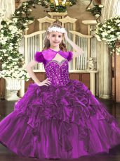 Fuchsia Ball Gowns Beading and Ruffles Little Girl Pageant Dress Lace Up Organza Sleeveless Floor Length