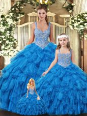 Top Selling Teal Lace Up Scoop Beading and Ruffles Quinceanera Gowns Tulle Sleeveless