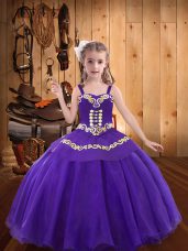 Eggplant Purple Ball Gowns Organza Straps Sleeveless Embroidery Floor Length Lace Up Little Girl Pageant Gowns