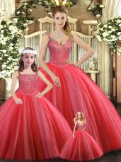 Coral Red Ball Gowns Straps Sleeveless Tulle Floor Length Lace Up Beading 15th Birthday Dress