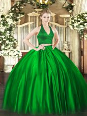 Romantic Satin Halter Top Sleeveless Zipper Ruching Quinceanera Gown in Green