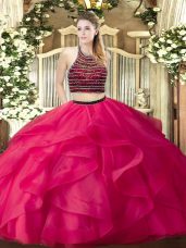 Hot Pink Organza Zipper Sweet 16 Quinceanera Dress Sleeveless Floor Length Beading and Ruffles