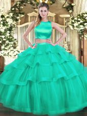 Charming High-neck Sleeveless Tulle Quinceanera Dresses Ruffled Layers Criss Cross