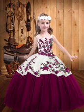 Custom Designed Fuchsia Lace Up Straps Embroidery Pageant Dress Tulle Sleeveless