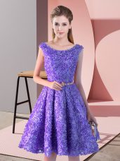 Pretty Lavender A-line Lace Scoop Sleeveless Belt Knee Length Lace Up Prom Evening Gown