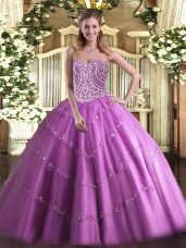 Floor Length Lilac Quinceanera Dresses Tulle Sleeveless Beading