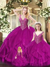 Tulle Straps Sleeveless Lace Up Beading and Ruffles Quinceanera Dresses in Fuchsia