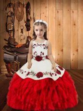 Elegant Sleeveless Floor Length Embroidery and Ruffles Lace Up Pageant Dress for Teens with Red