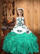 Floor Length Lace Up Little Girl Pageant Gowns Turquoise for Sweet 16 and Quinceanera with Embroidery and Ruffles