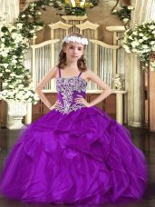 Perfect Purple Ball Gowns Straps Sleeveless Organza Floor Length Lace Up Appliques and Ruffles Evening Gowns