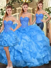 Clearance Floor Length Three Pieces Sleeveless Baby Blue 15 Quinceanera Dress Lace Up
