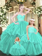 Aqua Blue Sleeveless Lace and Ruffled Layers Floor Length Ball Gown Prom Dress