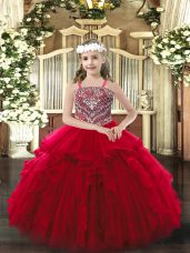 Wine Red Sleeveless Floor Length Beading and Ruffles Lace Up Little Girls Pageant Gowns