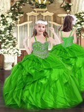 Modern Green Lace Up Straps Beading and Ruffles Kids Formal Wear Organza Sleeveless