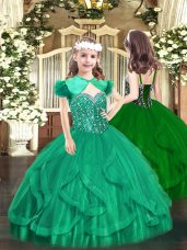Best Turquoise Lace Up Straps Beading and Ruffles Pageant Dress for Womens Tulle Sleeveless