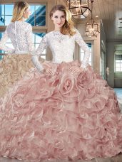 Lace Up Quinceanera Gowns Pink And White for Sweet 16 and Quinceanera with Beading and Ruffles Brush Train