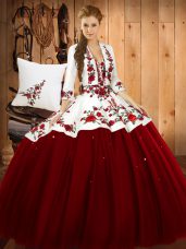 Modest Wine Red Ball Gowns Sweetheart Sleeveless Satin and Tulle Floor Length Lace Up Embroidery Sweet 16 Quinceanera Dress