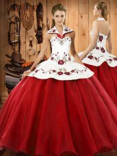 Custom Designed Satin and Tulle Halter Top Sleeveless Lace Up Embroidery Sweet 16 Quinceanera Dress in Wine Red