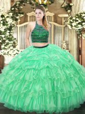 Smart Apple Green Ball Gowns Halter Top Sleeveless Organza Floor Length Zipper Beading and Ruffled Layers Sweet 16 Dress