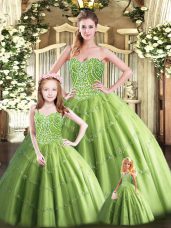 Customized Olive Green Ball Gown Prom Dress Military Ball and Sweet 16 and Quinceanera with Beading Sweetheart Sleeveless Lace Up