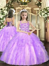 Hot Sale Ball Gowns Little Girls Pageant Gowns Lavender Straps Tulle Sleeveless Floor Length Lace Up