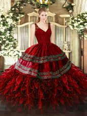 Wine Red Backless Quinceanera Gown Beading and Lace and Ruffles Sleeveless Floor Length