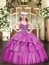 Customized Floor Length Fuchsia Pageant Gowns For Girls Straps Sleeveless Lace Up
