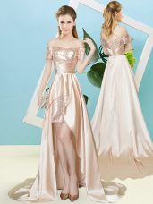 Champagne Off The Shoulder Lace Up Sequins Prom Party Dress Short Sleeves